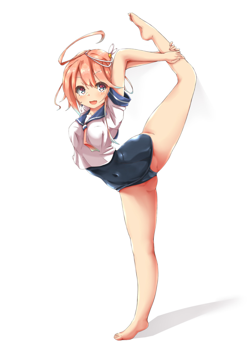 1girl ahoge barefoot blue_sailor_collar commentary_request full_body highres i-58_(kancolle) kantai_collection leg_up neckerchief pink_eyes pink_hair pink_neckerchief sailor_collar sailor_shirt school_swimsuit school_uniform serafuku shirt short_hair simple_background solo standing standing_on_one_leg swimsuit swimsuit_under_clothes unfinished unomi white_background