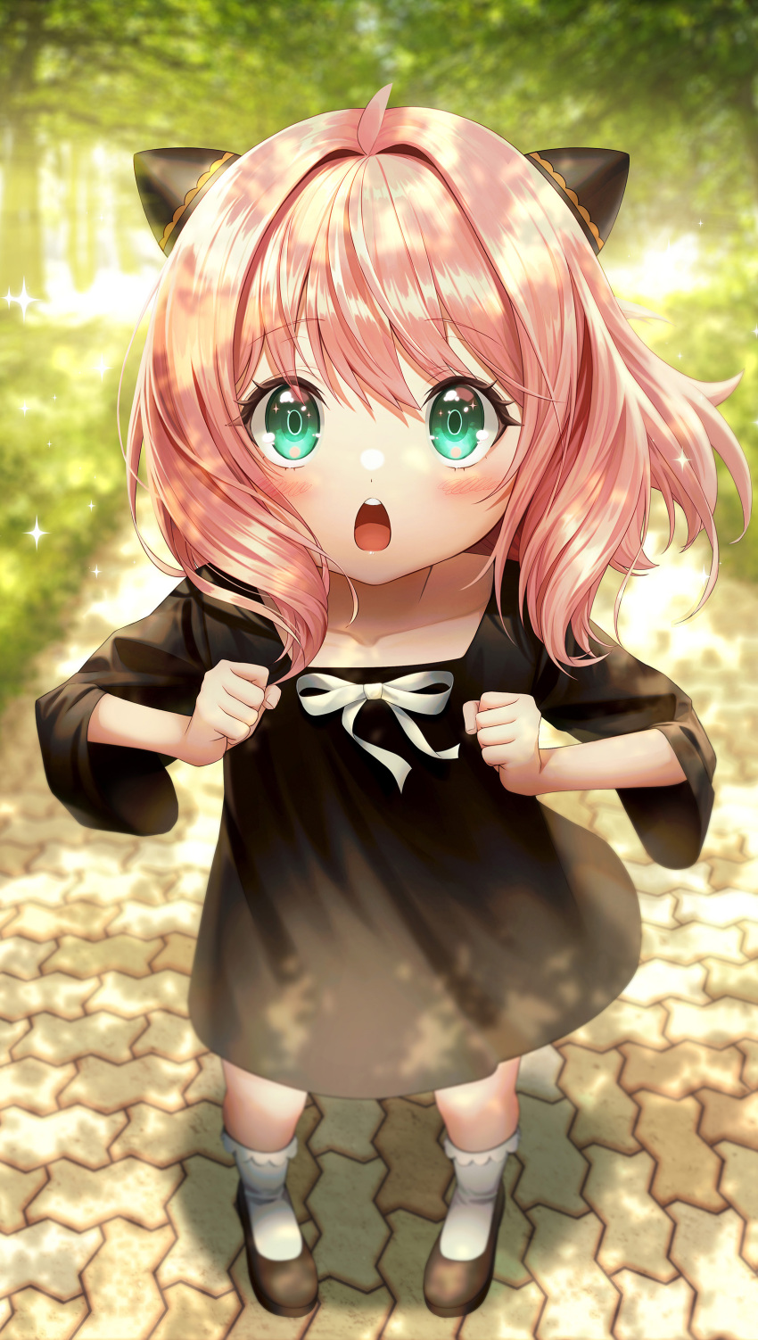 1girl absurdres ahoge anya_(spy_x_family) bangs black_dress black_footwear blush bow collarbone commentary_request day dress eyebrows_visible_through_hair full_body green_eyes hair_between_eyes hair_intakes highres inosia long_sleeves looking_at_viewer open_mouth outdoors pink_hair shoes socks solo spy_x_family standing teeth upper_teeth white_bow white_legwear