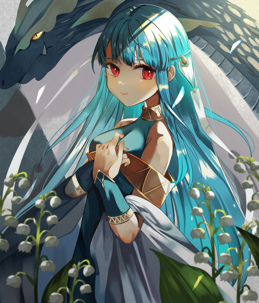 1girl absurdres bangs bare_shoulders blue_hair cape chil0107 dragon dragon_horns dress fire_emblem fire_emblem:_the_blazing_blade fire_emblem_heroes hair_ornament highres horns long_hair looking_at_viewer ninian_(fire_emblem) pointy_ears red_eyes simple_background smile solo