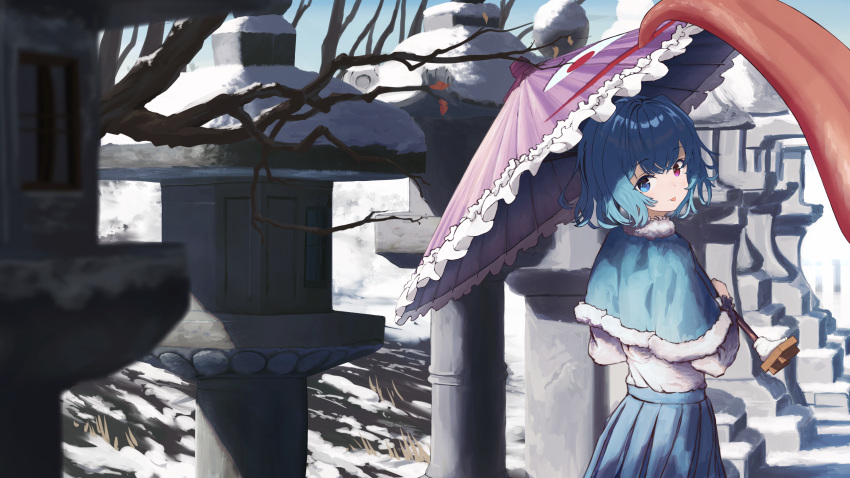 1girl :p absurdres bangs blue_capelet blue_eyes blue_hair blue_skirt blush branch capelet commentary cowboy_shot day from_behind fur-trimmed_capelet fur_trim heterochromia highres holding holding_umbrella karakasa_obake long_sleeves looking_at_viewer looking_back outdoors pleated_skirt red_eyes shirt short_hair sidelighting skirt snow solo stone_lantern tatara_kogasa tongue tongue_out touhou tsukechi umbrella white_shirt