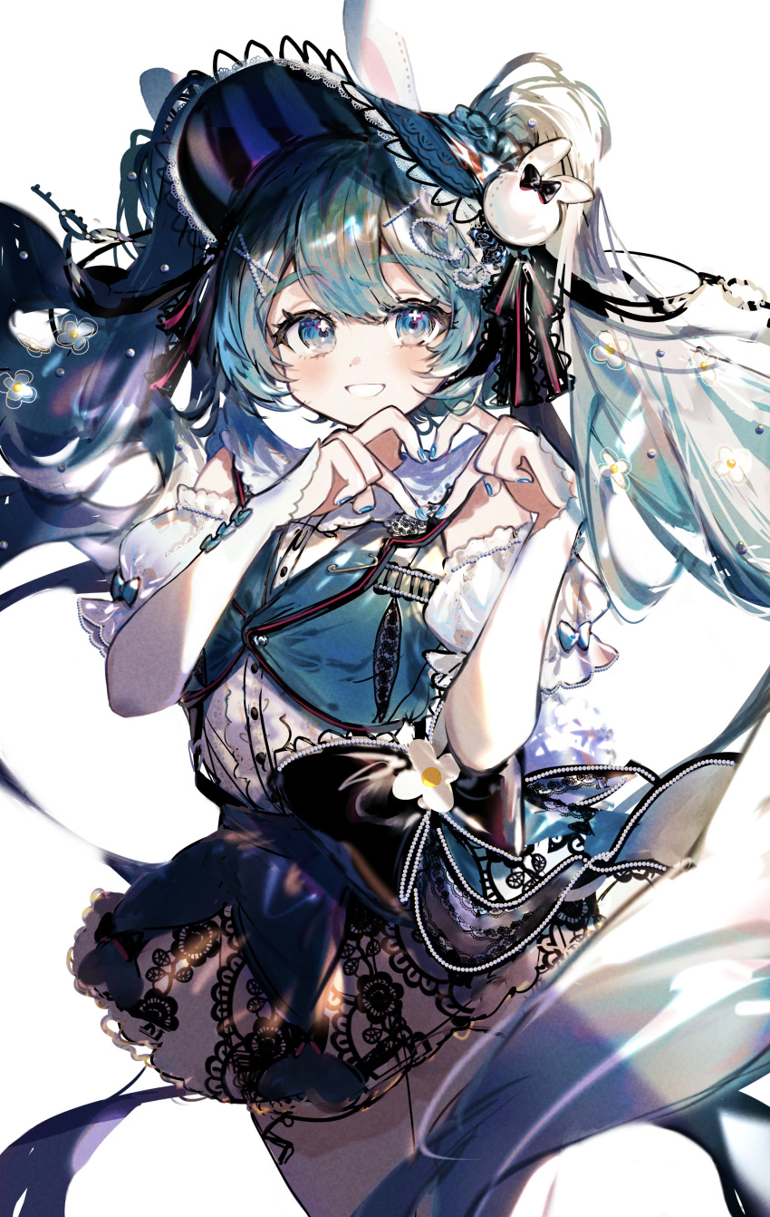 1girl absurdres animal_ears aqua_hair bangs black_bow blue_eyes blue_nails blue_skirt blue_vest blush bonnet bow bunny_hair_ornament collared_shirt commentary_request detached_sleeves eyebrows_visible_through_hair flower grin hair_between_eyes hair_ornament hands_up hatsune_miku heart heart_hands highres imamiya_pinoko layered_sleeves long_hair long_sleeves looking_at_viewer nail_polish puffy_short_sleeves puffy_sleeves rabbit_ears shirt short_over_long_sleeves short_sleeves simple_background skirt sleeveless sleeveless_shirt sleeves_past_wrists smile solo thick_eyebrows twintails very_long_hair vest vocaloid white_background white_flower white_shirt