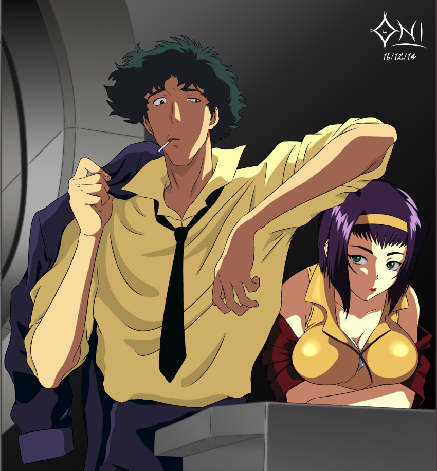 1boy 1girl breasts cigarette cowboy_bebop faye_valentine green_eyes hairband highres lipstick makeup oni-demone pants purple_hair spike_spiegel yellow_hairband