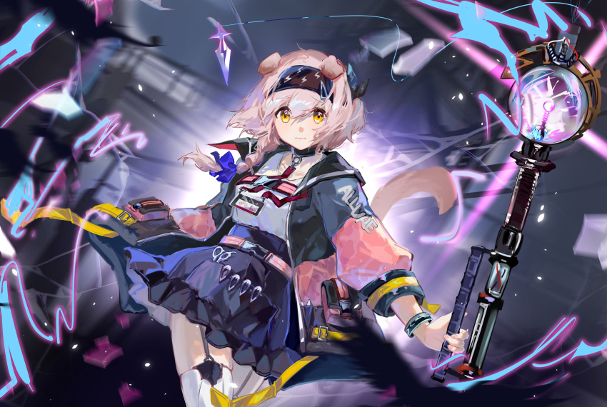 1girl absurdres animal_ears arknights black_collar black_hairband black_skirt black_wristband blue_bow blue_jacket bow braid cat_ears cat_girl cat_tail clothes_writing collar cowboy_shot floppy_ears garter_straps goldenglow_(arknights) hair_bow hairband highres holding holding_staff id_card infection_monitor_(arknights) jacket jhtgiu lanyard lightning_bolt_print long_hair long_sleeves looking_at_viewer multicolored_clothes multicolored_jacket open_clothes open_jacket pink_hair pink_jacket shirt skirt solo staff tail thigh-highs two-tone_jacket white_legwear white_shirt yellow_eyes
