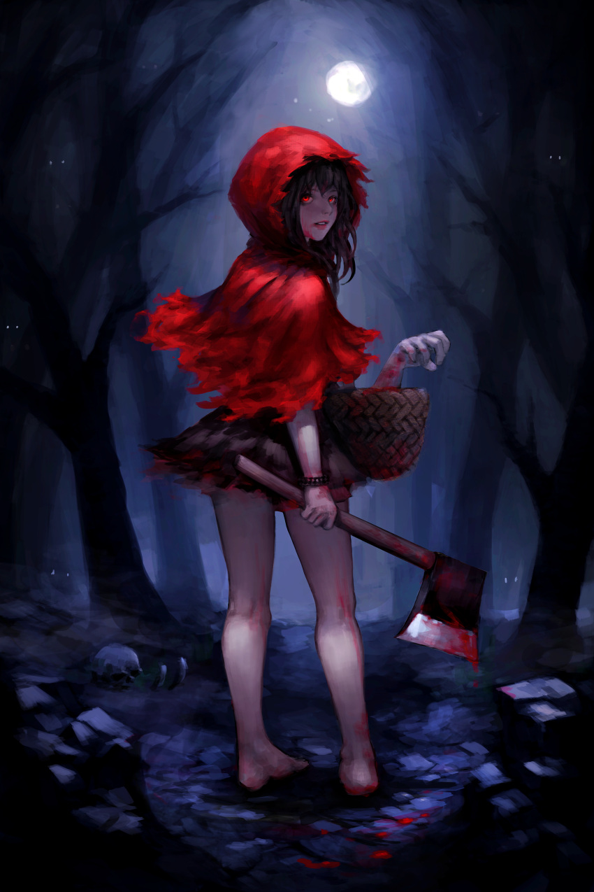 1girl absurdres axe bangs bare_legs barefoot basket black_skirt blood blood_on_weapon blood_trail bracelet capelet commentary egk513 eyebrows_behind_hair forest from_behind full_moon highres holding holding_axe holding_basket hood hood_up hooded_capelet jewelry kneepits legs lips little_red_riding_hood little_red_riding_hood_(grimm) looking_at_viewer looking_back medium_hair moon nature night outdoors parted_lips red_capelet red_eyes severed_hand skirt solo spiked_bracelet spikes tree weapon