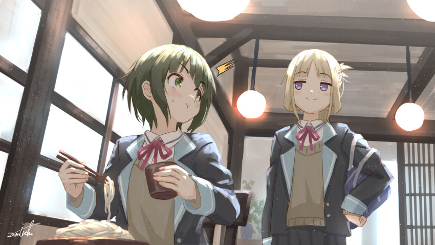 2girls :t ^^^ bangs black_jacket black_skirt blazer blunt_bangs blush brown_sweater chopsticks closed_mouth collared_shirt commentary_request commission cup eating eyebrows_visible_through_hair folded_ponytail green_eyes green_hair holding holding_chopsticks holding_cup indoors jacket light_brown_hair looking_at_another looking_back multiple_girls neck_ribbon nogi_wakaba nogi_wakaba_wa_yuusha_de_aru open_clothes open_jacket pleated_skirt red_ribbon ribbon school_uniform shiratori_utano shirt signature skeb_commission skirt smile standing sweat sweater umiroku violet_eyes white_shirt yuuki_yuuna_wa_yuusha_de_aru yuusha_de_aru