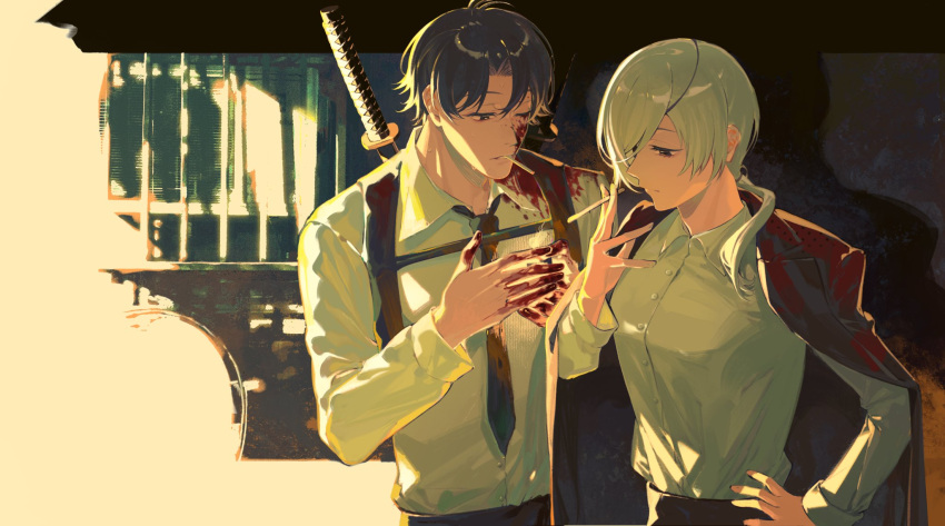 1boy 1girl black_hair black_necktie blood blood_on_clothes blood_on_face blood_on_hands breasts chainsaw_man cigarette coat eyepatch hand_on_hip highres katana kishibe_(chainsaw_man) long_hair looking_at_object medium_breasts necktie one_eye_closed one_eye_covered ponytail quanxi_(chainsaw_man) scar short_hair smoking strap sweat sweatdrop sword tuzaixia weapon white_hair