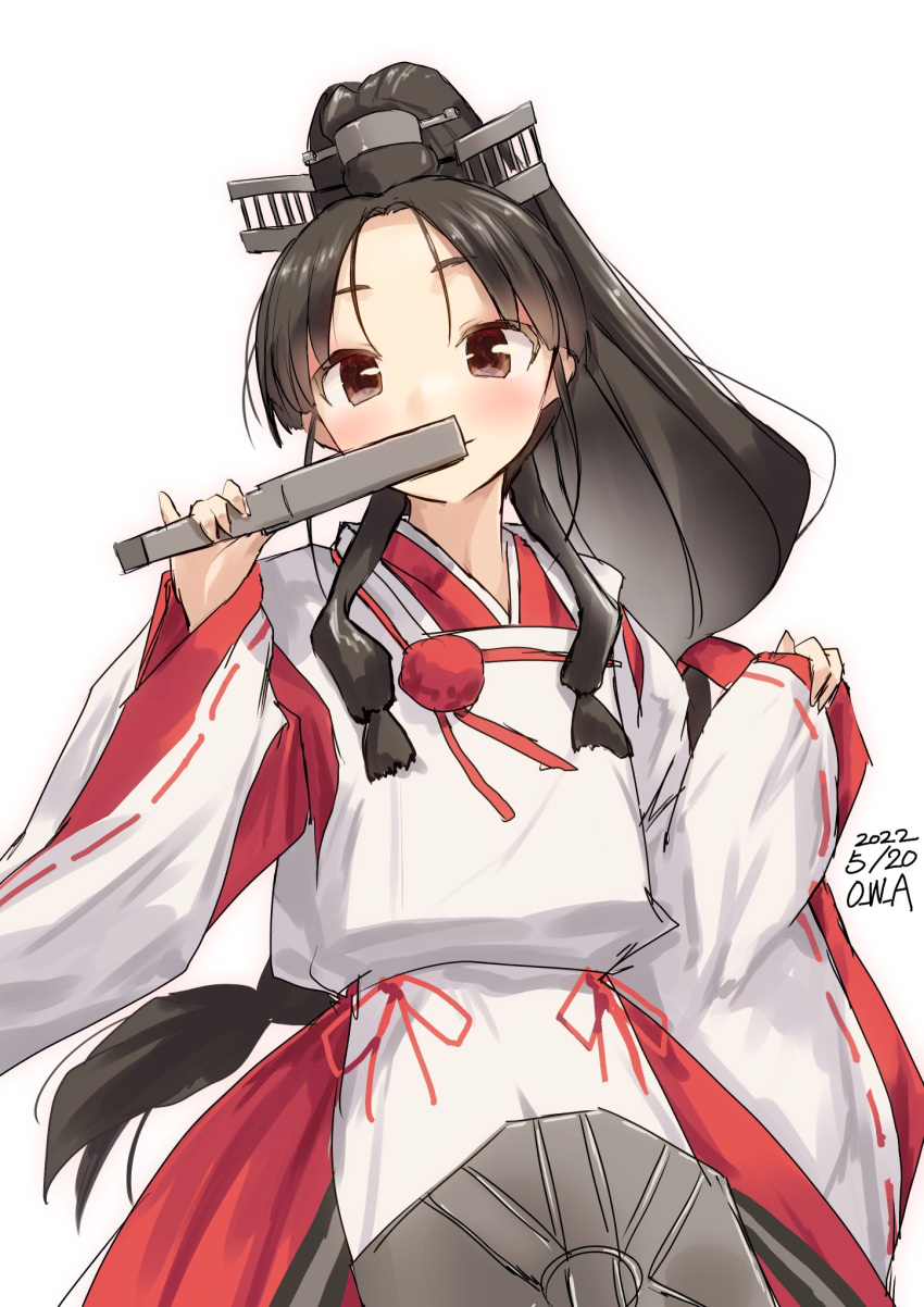 1girl artist_name black_hair brown_eyes closed_eyes commentary_request dated folding_fan hair_tie hakama hand_fan high_ponytail highres japanese_clothes kantai_collection kariginu long_hair looking_at_viewer miko multi-tied_hair nisshin_(kancolle) one-hour_drawing_challenge owa_(ishtail) red_hakama red_ribbon ribbon ribbon-trimmed_sleeves ribbon_trim short_eyebrows simple_background solo thick_eyebrows very_long_hair white_background