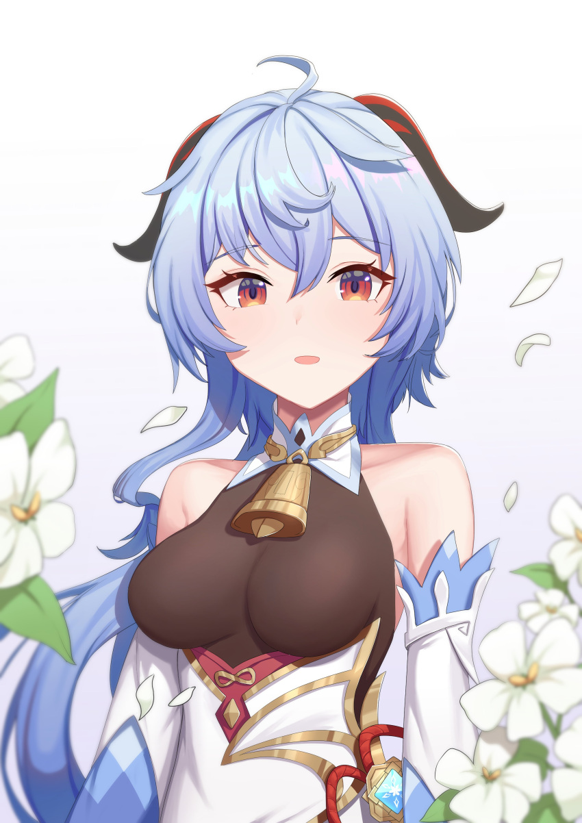 1girl absurdres ahoge bangs bare_shoulders bell blue_hair breasts chinese_knot detached_sleeves eyebrows_visible_through_hair flower flower_knot ganyu_(genshin_impact) genshin_impact gold_trim gyubu highres horns long_hair looking_at_viewer medium_breasts neck_bell open_mouth petals qingxin_flower sidelocks smile solo upper_body violet_eyes vision_(genshin_impact) white_flower white_sleeves