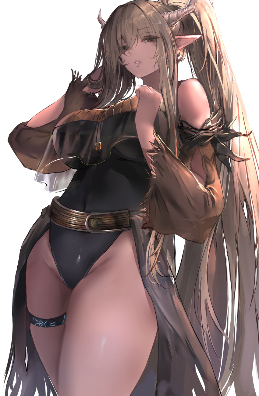 1girl arknights bangs bare_shoulders black_leotard breasts brown_eyes brown_hair commentary commission covered_navel cowboy_shot detached_sleeves english_commentary eyebrows_visible_through_hair hand_in_own_hair hands_up highres horns large_breasts leotard liaowen long_hair long_sleeves looking_at_viewer official_alternate_costume parted_lips pointy_ears ponytail shining_(arknights) shining_(silent_night)_(arknights) simple_background solo thigh_strap thighs white_background