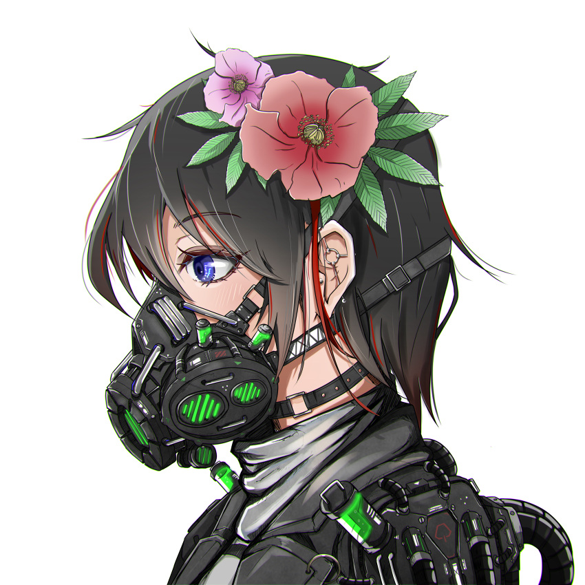 1girl absurdres black_hair blue_eyes commentary_request ear_piercing eyebrows_visible_through_hair flower from_side hair_flower hair_ornament highres original piercing respirator rin60527617 short_hair solo tube white_background