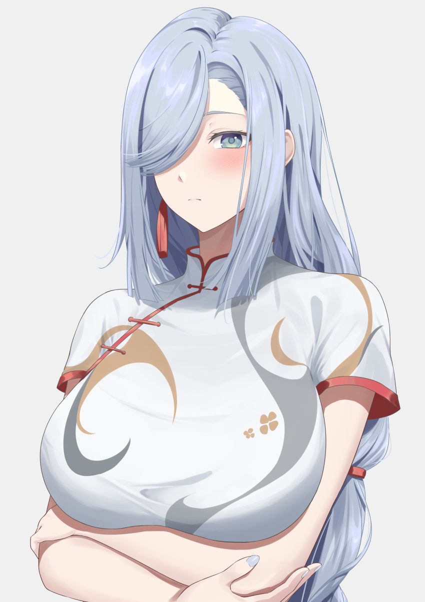 1girl absurdres alternate_costume arms_under_breasts blue_eyes blue_nails blush braid braided_ponytail breasts china_dress chinese_clothes closed_mouth dress earrings genshin_impact grey_hair hair_over_one_eye highres jewelry kikata_(hata_nanokana) large_breasts long_hair looking_at_viewer shenhe_(genshin_impact) short_sleeves simple_background solo tassel tassel_earrings upper_body white_dress