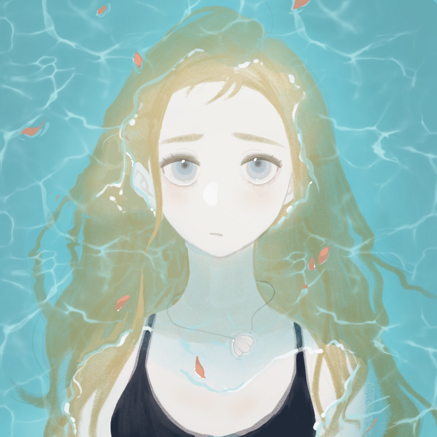 1girl caustics ddgood6 grey_eyes highres kofune_ushio light_brown_hair long_hair looking_at_viewer partially_submerged petals shell_necklace solo summertime_render swimsuit upper_body water