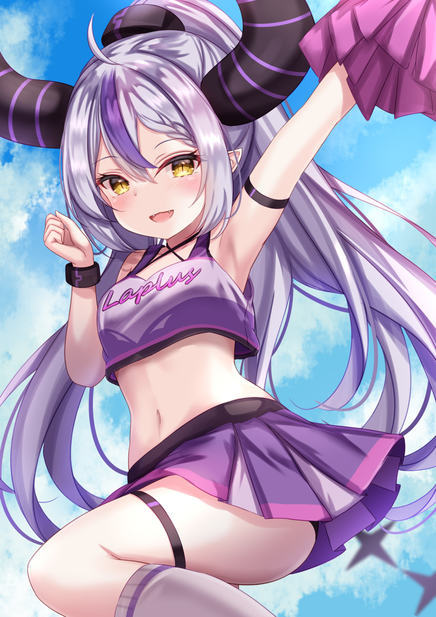 1girl :d ahoge arm_strap arm_up armpits bare_shoulders bracelet braid breasts cheering cheerleader crop_top crop_top_overhang demon_horns fangs hand_up highres holding holding_pom_poms hololive horns jewelry la+_darknesss leg_up long_hair looking_at_viewer medium_breasts midriff miniskirt multicolored_hair navel open_mouth pleated_skirt pointy_ears pom_pom_(cheerleading) ponytail purple_shirt purple_skirt shirt skirt sleeveless sleeveless_shirt smile solo standing standing_on_one_leg stomach streaked_hair striped_horns thigh_strap virtual_youtuber white_hair yellow_eyes yuano