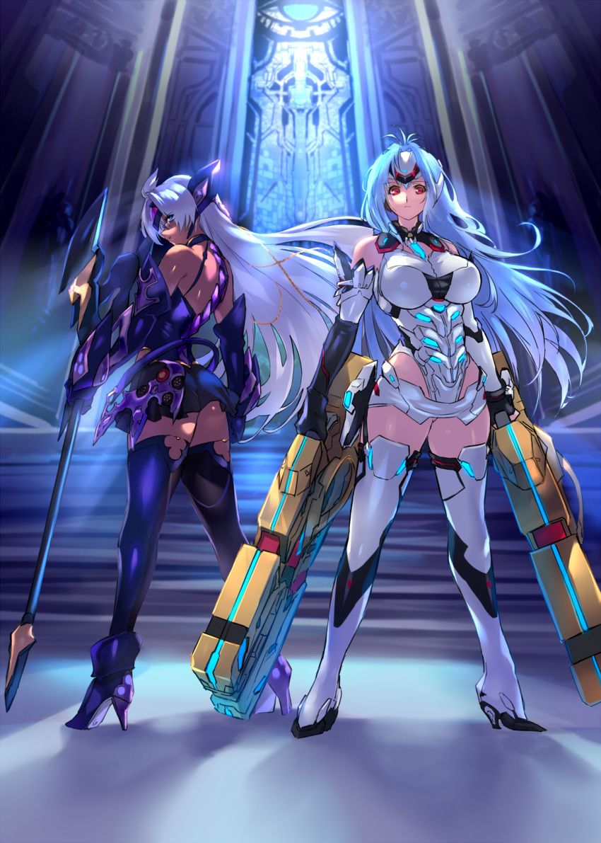 2girls boots breasts closed_mouth dark-skinned_female dark_skin floating_hair forehead_protector glowing_crystal high_heels highres holding holding_weapon indoors kos-mos kos-mos_re: large_breasts legs_apart leotard light_blue_hair long_hair looking_at_viewer looking_back multiple_girls negresco red_eyes standing t-elos t-elos_re: thigh_boots very_long_hair weapon wind xenoblade_chronicles_(series) xenoblade_chronicles_2 xenosaga