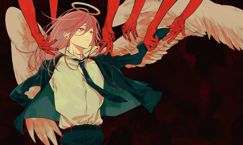 1boy angel_devil_(chainsaw_man) angel_wings black_jacket black_necktie black_pants chainsaw_man disembodied_limb feathered_wings grabbing halo highres jacket long_hair looking_up necktie no_arms outstretched_arms pants pink_hair red_background scared simple_background solo tuzaixia wings