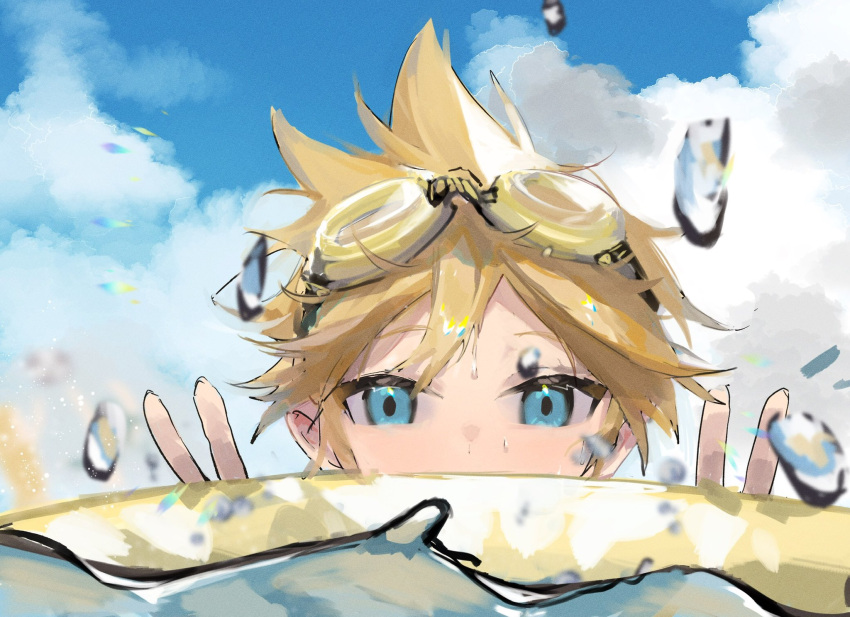 1boy aqua_eyes blonde_hair clouds commentary double_v goggles goggles_on_head highres kagamine_len looking_at_viewer male_focus mifes outdoors partially_submerged portrait solo spiky_hair v vocaloid water_drop wet_lens