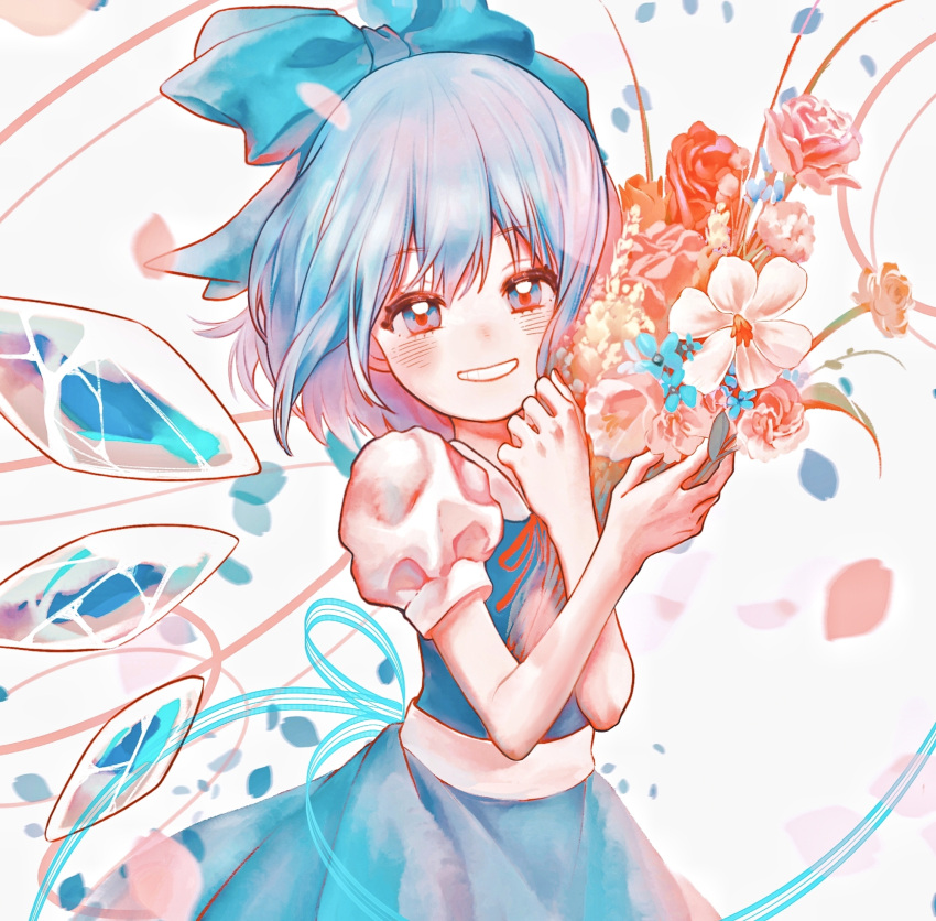 1girl blue_bow blue_dress blue_eyes blue_flower blue_hair blue_ribbon blush bouquet bow cirno collared_shirt commentary dress flower hair_bow hands_up highres holding holding_bouquet ice ice_wings looking_at_viewer medium_hair neck_ribbon parted_lips pink_flower puffy_short_sleeves puffy_sleeves red_ribbon ribbon rinne030 shirt short_sleeves smile solo touhou upper_body white_flower white_shirt wings