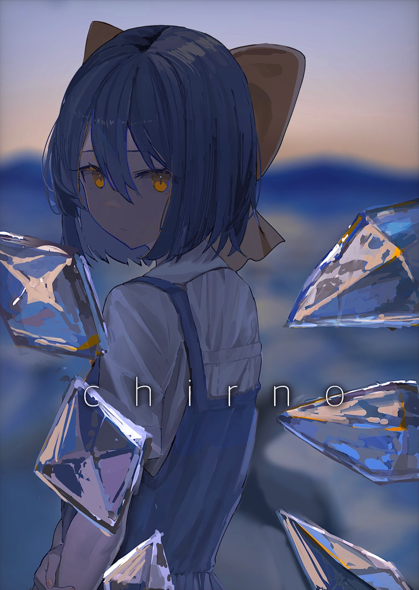 1girl 38_(sanjuuhachi) :/ alternate_eye_color blue_dress blue_hair bow character_name cirno closed_mouth commentary dress eyebrows_behind_hair from_side hair_between_eyes hair_bow highres ice ice_wings looking_at_viewer looking_to_the_side medium_hair pinafore_dress shirt short_sleeves solo touhou upper_body white_shirt wings yellow_bow yellow_eyes