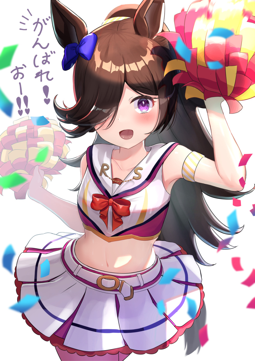 1girl animal_ears black_hair blush breasts cheerleader collarbone hair_over_one_eye hair_ribbon highres horse_ears horse_tail long_hair looking_at_viewer midriff navel open_mouth pom_pom_(cheerleading) ribbon rice_shower_(umamusume) simple_background small_breasts stomach tail translation_request umamusume wanderlucia white_background