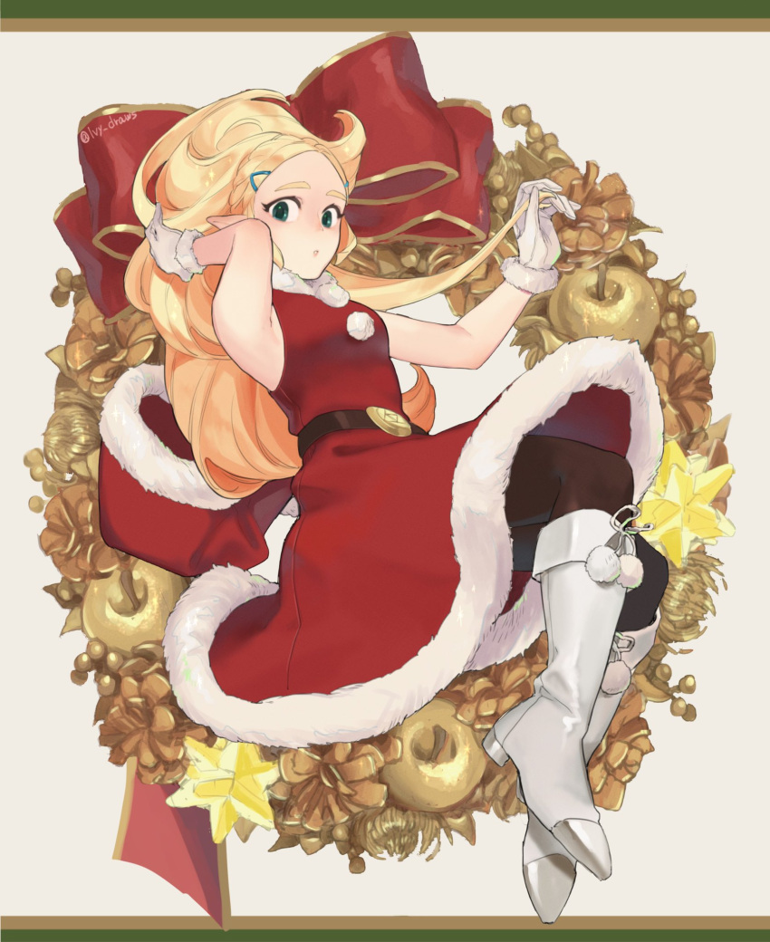 1girl :o arm_up bangs blonde_hair blush boots breasts christmas_ornaments commentary dress english_commentary full_body fur_trim gloves green_eyes hair_ornament hairclip highres iva_(sena0119) long_hair looking_at_viewer pants parted_bangs parted_lips pointy_ears princess_zelda red_dress sleeveless sleeveless_dress solo the_legend_of_zelda thick_eyebrows twitter_username white_footwear white_gloves