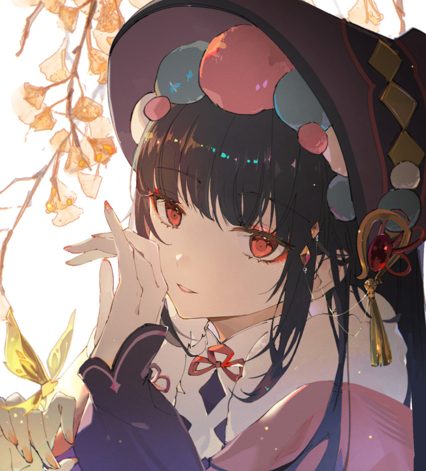 1girl bangs black_hair blunt_bangs bonnet branch bug butterfly capelet eyebrows_visible_through_hair fur-trimmed_capelet fur_trim genshin_impact hat highres leaf lolita_fashion long_hair long_sleeves looking_at_viewer makeup nail_polish orange_nails parted_lips pink_capelet portrait qi_lolita red_eyes shemika98425261 simple_background solo tassel white_background yun_jin_(genshin_impact)