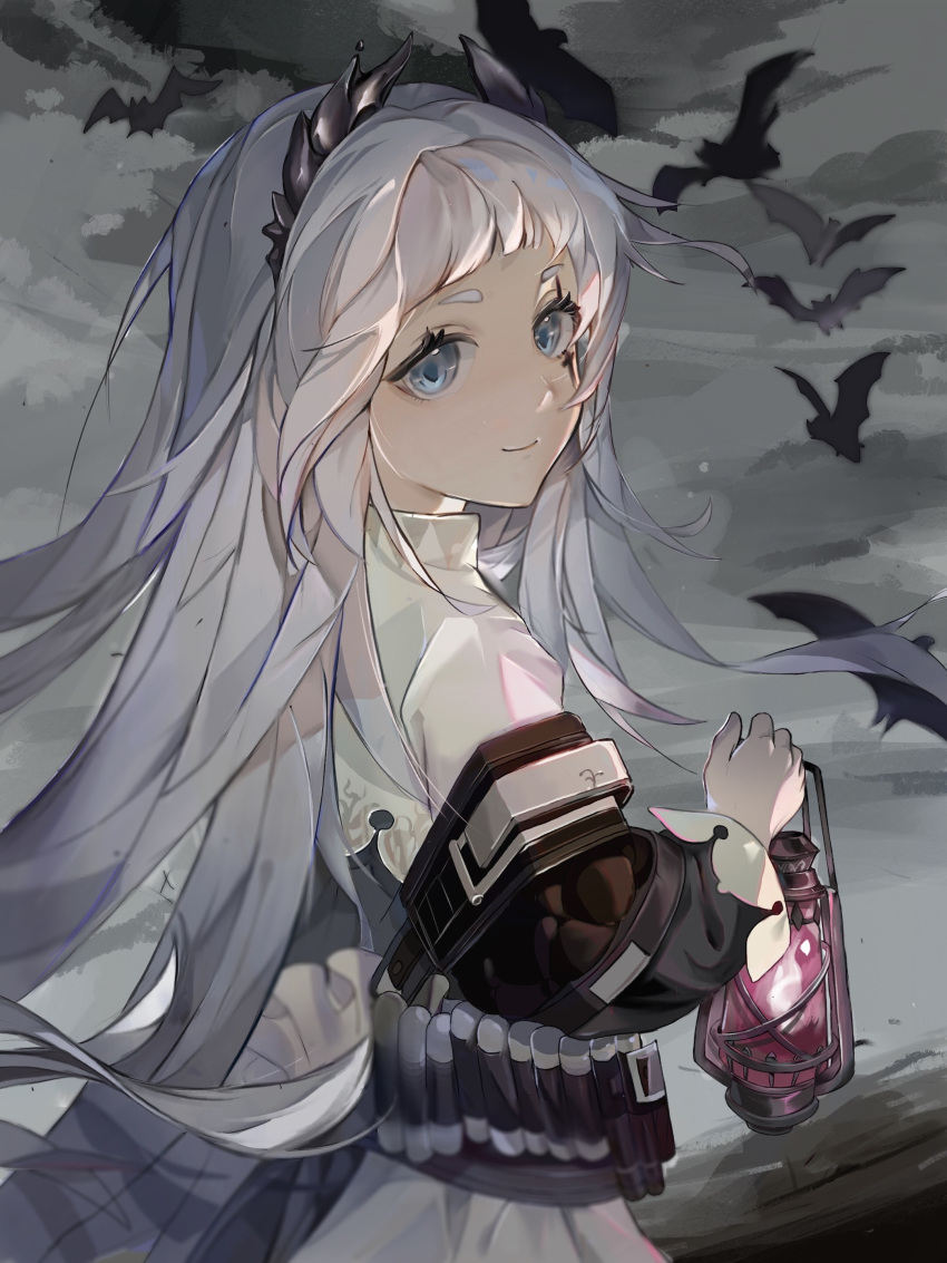 1girl absurdres ammunition_belt arknights bat black_dress blue_eyes dongdongyuan34224 dress from_behind grey_hair grey_sky head_wings highres holding holding_lantern irene_(arknights) lantern long_hair long_sleeves looking_at_viewer looking_back scar scar_across_eye smile solo two-tone_dress upper_body very_long_hair white_dress