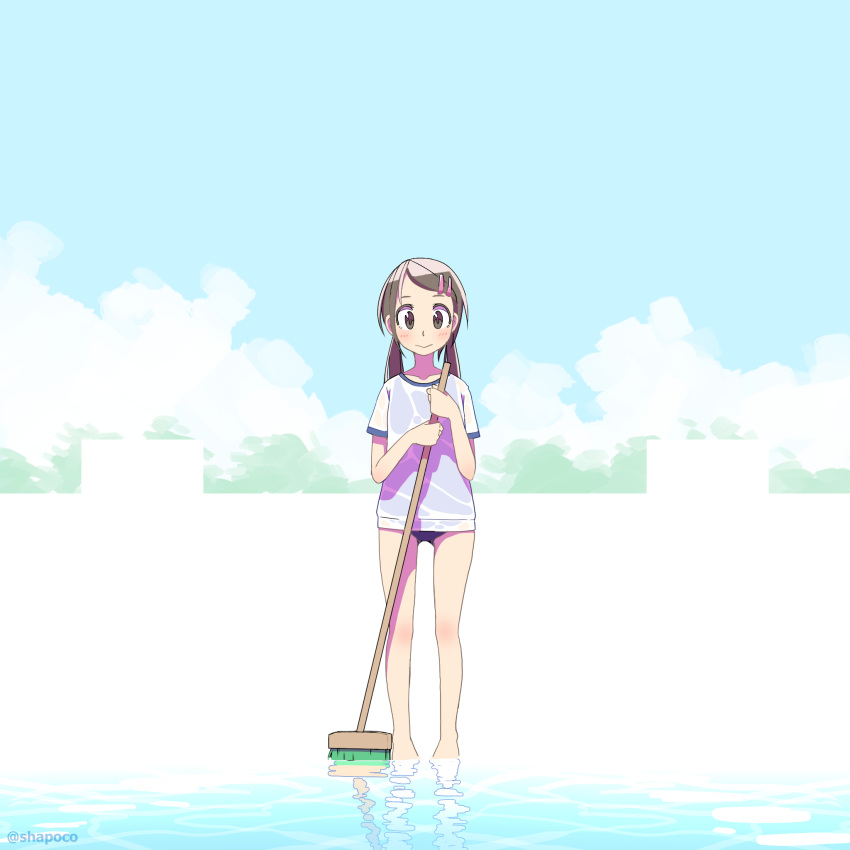 1girl artist_name bare_legs barefoot blue_sky blush broom brown_eyes brown_hair closed_mouth clouds commentary dated_commentary day empty_pool flat_chest full_body gym_shirt gym_uniform hair_ornament hairclip highres holding holding_broom looking_at_viewer low_twintails medium_hair one-piece_swimsuit original outdoors pool school_swimsuit shallow_water shapoco shirt short_sleeves sky smile solo standing swimsuit swimsuit_under_clothes t-shirt twintails twitter_username wading water wet wet_clothes wet_shirt white_shirt