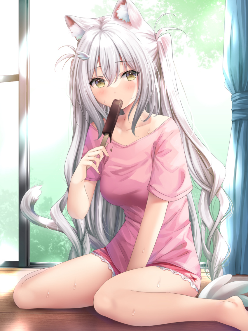 1girl animal_ear_fluff animal_ears bangs barefoot between_legs blush brown_eyes cat_ears cat_girl cat_tail collarbone curtains day eating eyebrows_visible_through_hair feet_out_of_frame food grey_hair hair_between_eyes hand_between_legs highres holding holding_food ice_cream indoors long_hair murano off_shoulder on_floor one_side_up original pink_shirt shirt short_sleeves sitting solo spilling sweat tail very_long_hair wariza window wing_hair_ornament wooden_floor