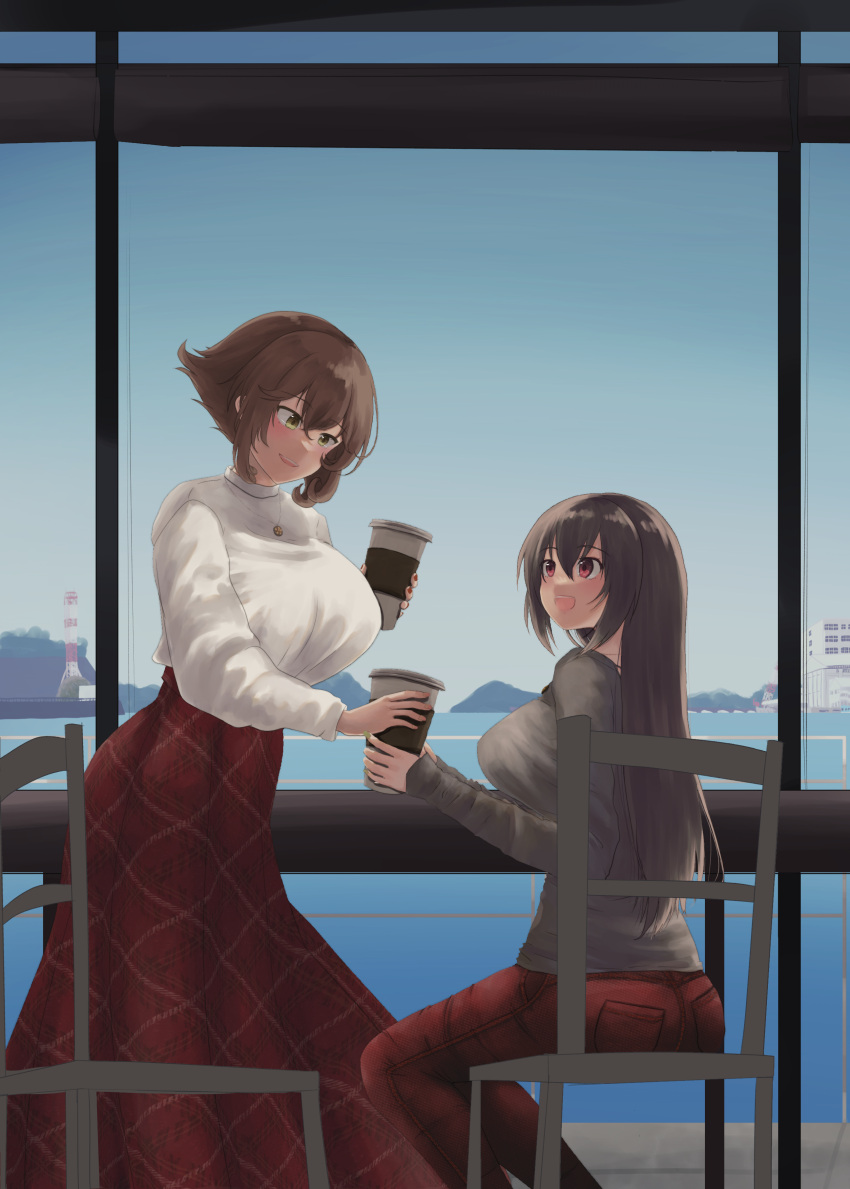 2girls absurdres alternate_costume black_hair breasts brown_hair commentary_request green_eyes grey_sweater highres kantai_collection large_breasts long_hair long_skirt mizunototori mountain multiple_girls mutsu_(kancolle) nagato_(kancolle) ocean pants plaid plaid_skirt red_eyes red_pants red_skirt scenery short_hair skirt sweater tumbler white_sweater