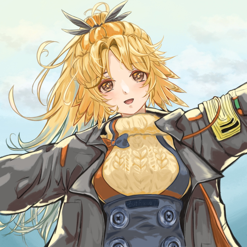 1girl :d aran_sweater arknights black_jacket blonde_hair blue_background blue_skirt buttons feather_hair highres jacket jf731 long_sleeves open_clothes open_jacket open_mouth orange_eyes outstretched_arms pinecone_(arknights) ponytail skirt smile solo suspender_skirt suspenders sweater upper_body yellow_sweater