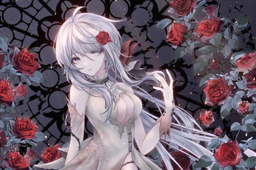 1girl character_request cleavage_cutout clothing_cutout copyright_request cross dress flower gloves grey_eyes hair_flower hair_ornament high_collar highres looking_at_viewer rika_mayuzumi rose sleeveless slit_pupils solo virtual_youtuber white_dress white_hair