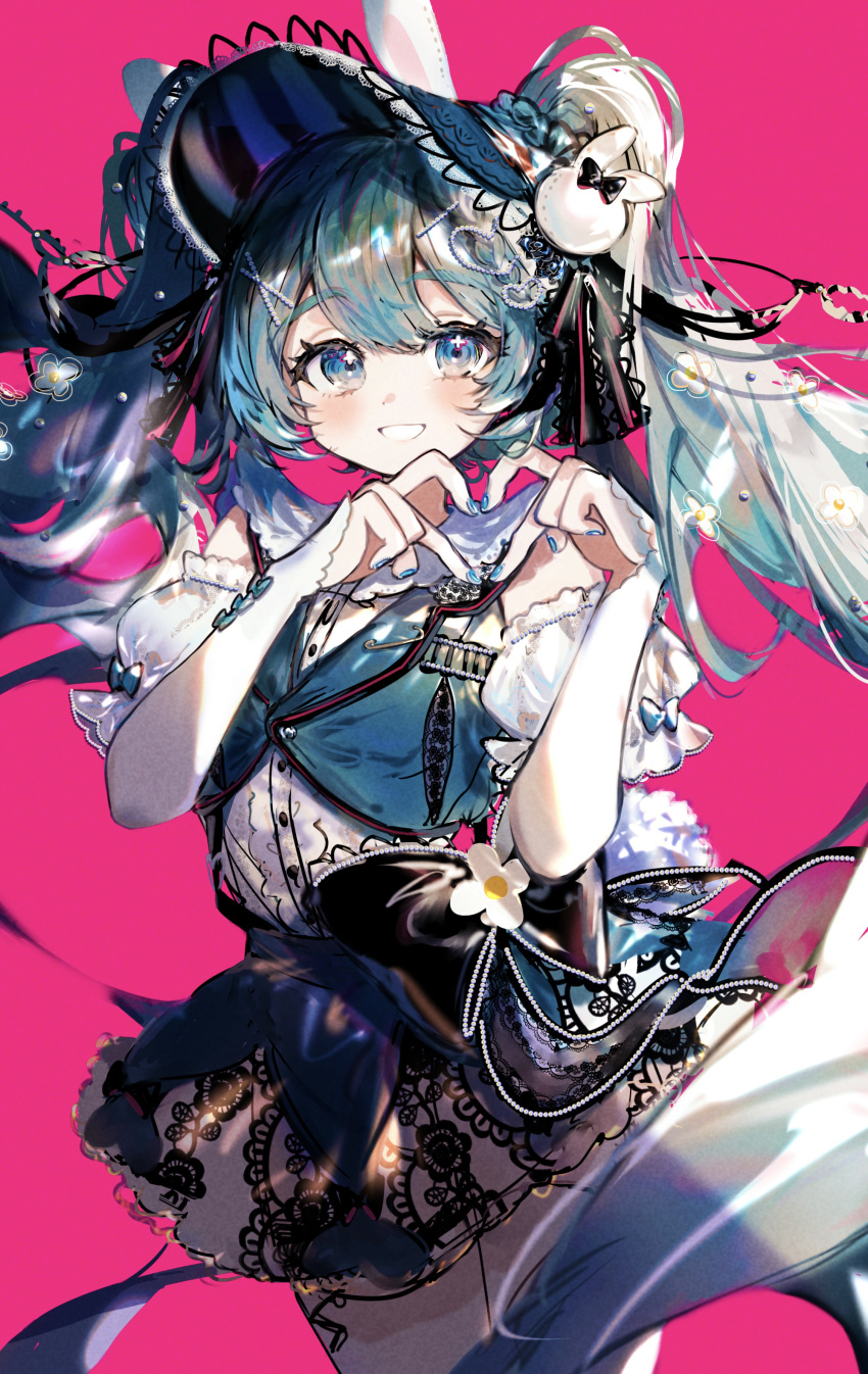 1girl absurdres animal_ears aqua_hair bangs black_bow blue_eyes blue_nails blue_skirt blue_vest blush bonnet bow bunny_hair_ornament collared_shirt detached_sleeves eyebrows_visible_through_hair flower grin hair_between_eyes hair_ornament hands_up hatsune_miku heart heart_hands highres imamiya_pinoko layered_sleeves long_hair long_sleeves looking_at_viewer nail_polish pink_background puffy_short_sleeves puffy_sleeves rabbit_ears shirt short_over_long_sleeves short_sleeves simple_background skirt sleeveless sleeveless_shirt sleeves_past_wrists smile solo thick_eyebrows twintails very_long_hair vest vocaloid white_flower white_shirt
