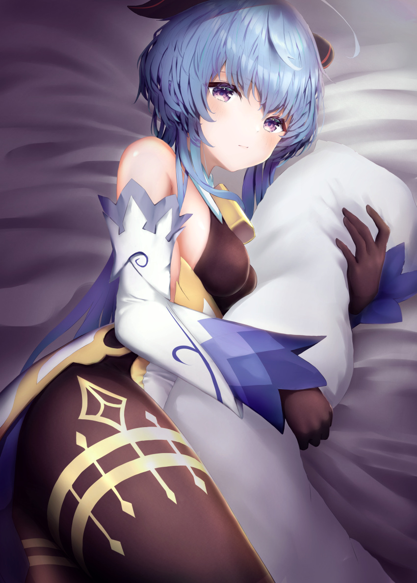1girl absurdres ahoge bangs bare_shoulders bed_sheet bell black_gloves black_legwear blue_hair blush breasts curled_horns detached_sleeves eyebrows_visible_through_hair ganyu_(genshin_impact) genshin_impact gloves gold_trim highres horns long_hair looking_at_viewer lying medium_breasts neck_bell object_hug on_side pillow pillow_hug sidelocks solo sour8128 thighlet thighs violet_eyes white_sleeves