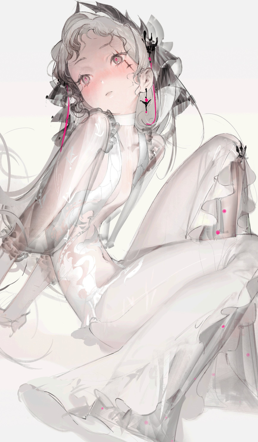 1girl absurdres blush breasts check_copyright copyright_request dress earrings facial_hair gradient gradient_background grey_eyes grey_hair hair_ornament highres jewelry kurii89800727 long_hair original pink_pupils see-through see-through_dress sitting sketch small_breasts solo