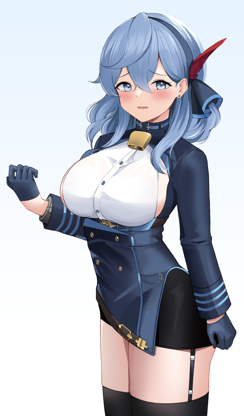 1girl absurdres ako_(blue_archive) arm_at_side bangs bell black_gloves black_hairband black_legwear black_skirt blue_archive blue_eyes blue_hair blush breasts buttons cowboy_shot cuffs double-breasted earrings eyebrows_visible_through_hair framed_breasts garter_straps gloves hair_between_eyes hairband highres jewelry large_breasts long_hair long_sleeves looking_at_viewer miniskirt neck_bell parted_lips shackles shirt sideboob skirt solo stud_earrings thigh-highs tio_(005) underbust white_shirt zettai_ryouiki