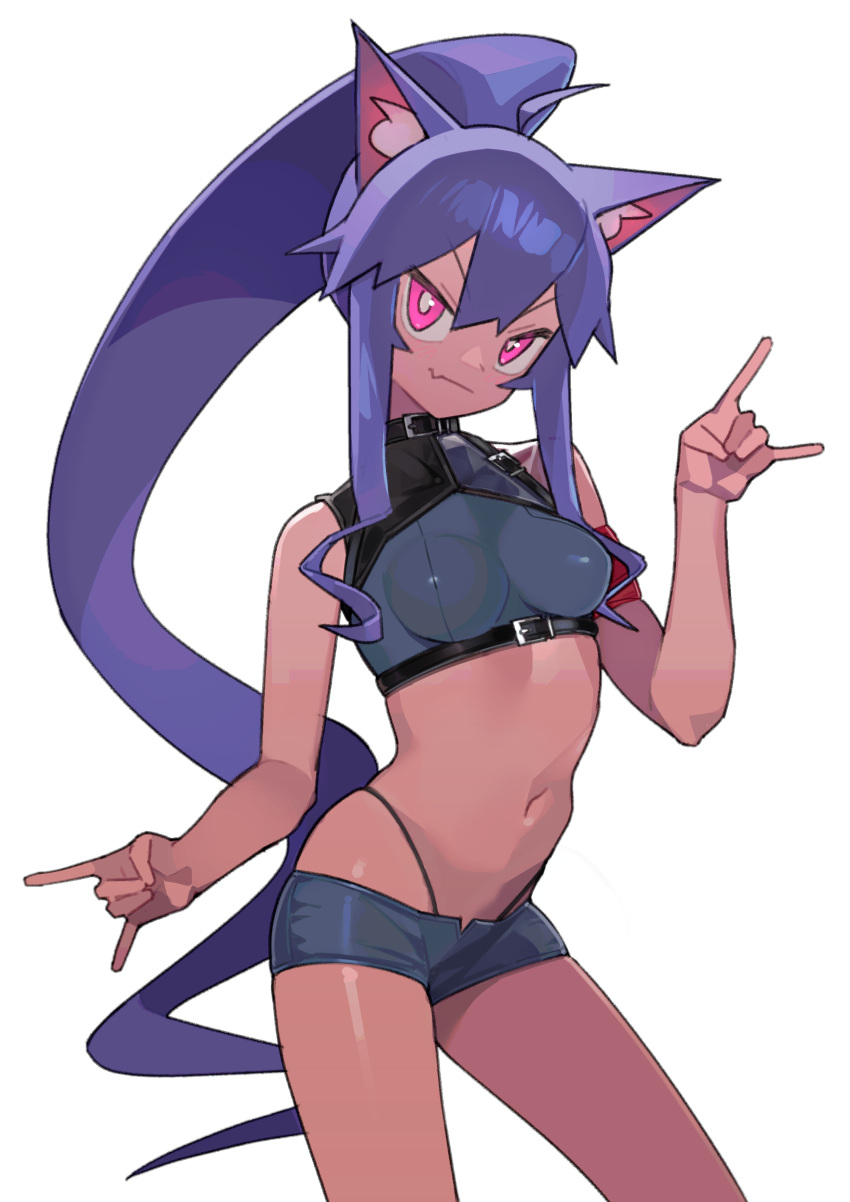 1girl absurdres ahoge animal_ear_fluff animal_ears arm_strap bare_shoulders black_shorts breasts bright_pupils closed_mouth commission contrapposto cowboy_shot crop_top dark-skinned_female dark_skin double_fox_shadow_puppet fang fang_out fox_ears fox_shadow_puppet high_ponytail highres long_hair looking_at_viewer medium_breasts navel original pink_eyes purple_hair saaal653 short_shorts shorts sidelocks simple_background skin_fang smile solo stomach thong v-shaped_eyebrows very_long_hair white_background