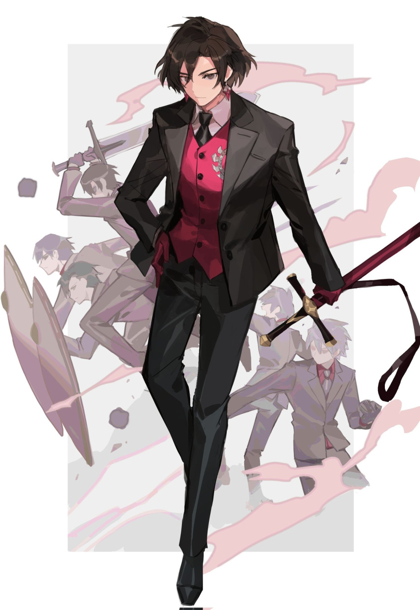 6+boys :| ahoge bangs black_eyes black_footwear black_hair black_jacket black_necktie black_pants closed_mouth collared_shirt constantine_xi_(fate) earrings eboe5lq0tgsdriq expressionless fate/grand_order fate_(series) full_body gloves hair_between_eyes hand_on_hip highres holding holding_shield holding_sword holding_weapon jacket jewelry long_sleeves looking_at_viewer male_focus medium_hair multiple_boys necktie no_eyewear pants red_gloves red_vest shield shirt shoes short_hair solo_focus sword vest weapon white_shirt