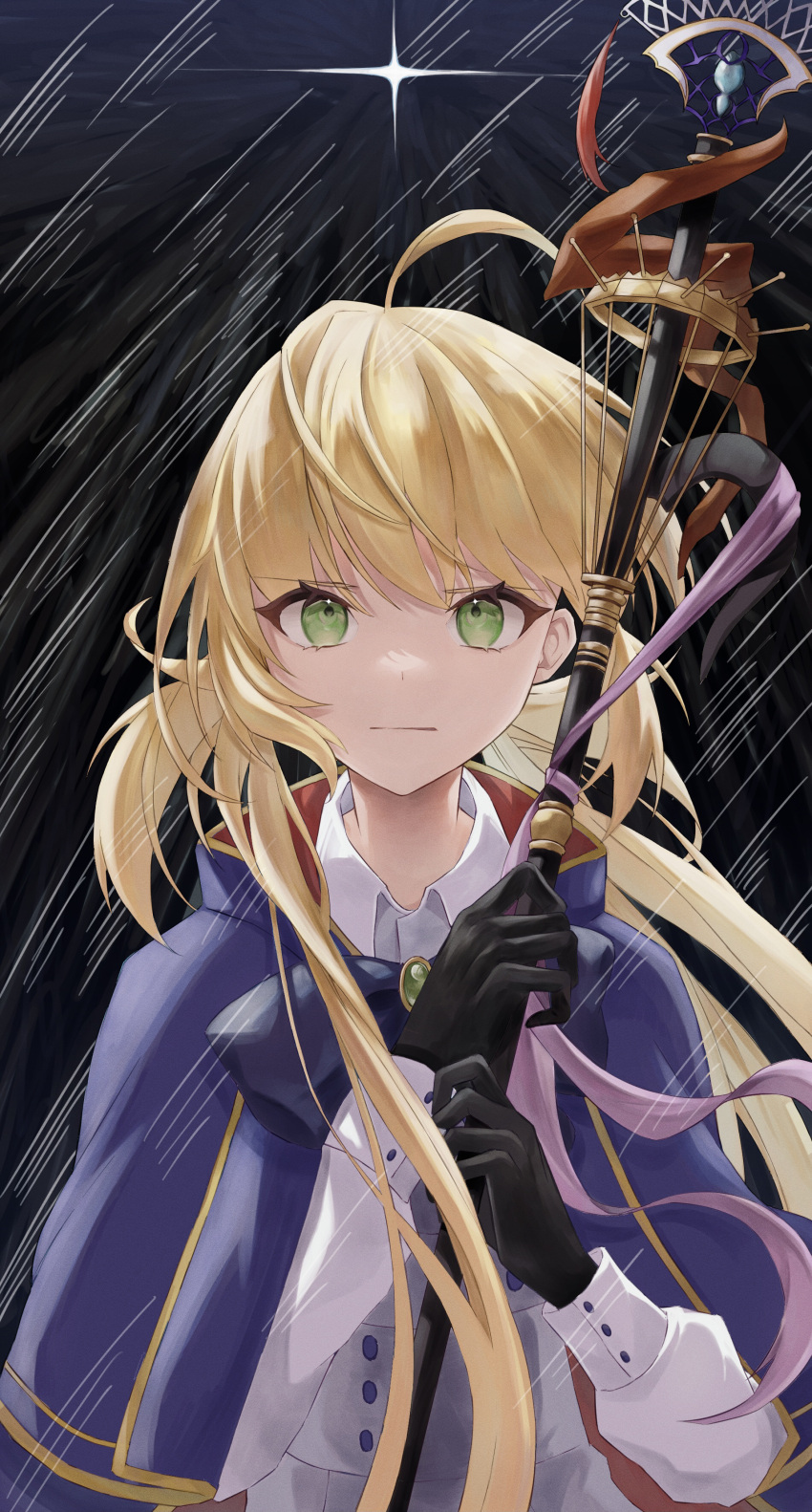 1girl absurdres ahoge artoria_caster_(fate) artoria_caster_(second_ascension)_(fate) artoria_pendragon_(fate) bangs black_gloves blonde_hair blue_headwear blush closed_mouth daachan eyebrows_visible_through_hair fate/grand_order fate_(series) gloves green_eyes hair_between_eyes hat highres holding long_hair long_sleeves looking_at_viewer shirt simple_background solo twintails