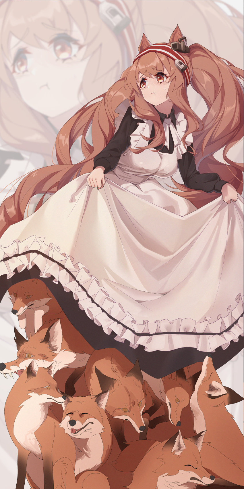 1girl :t absurdres alternate_costume angelina_(arknights) animal animal_ear_fluff animal_ears apron arknights bangs black_dress blush brown_eyes brown_hair closed_mouth commentary_request dress enmaided eyebrows_visible_through_hair fox frilled_apron frills hairband highres long_hair long_sleeves looking_away looking_to_the_side maid maid_apron pout puffy_long_sleeves puffy_sleeves red_hairband sharpeyes solo striped striped_hairband twintails very_long_hair white_apron