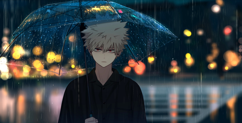 1boy bakugou_katsuki black_shirt blonde_hair blurry blurry_background bokeh boku_no_hero_academia crosswalk depth_of_field expressionless holding holding_umbrella letheyori looking_at_viewer male_focus night outdoors rain red_eyes shirt short_hair solo spiky_hair transparent transparent_umbrella twitter_username umbrella upper_body water_drop watermark wide_shot