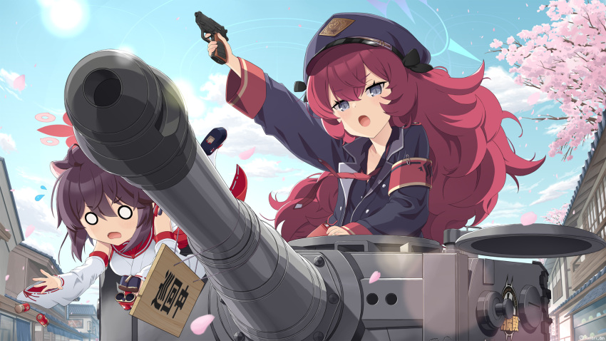 2girls animal_ears armband artist_request black_ribbon blue_archive book cherry_blossoms fang ground_vehicle gun halo handgun hat highres iroha_(blue_archive) jacket japanese_clothes kaede_(blue_archive) miko military military_hat military_jacket military_uniform military_vehicle motor_vehicle multiple_girls o_o open_clothes open_jacket open_mouth outdoors peaked_cap redhead ribbon safety_pin sweatdrop tank uniform weapon