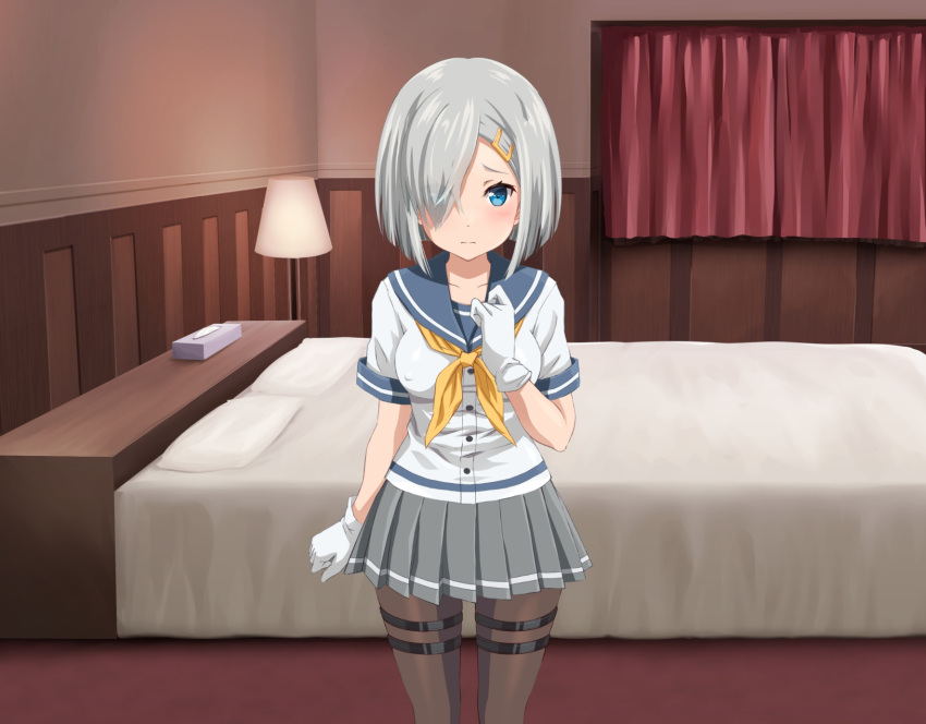 1girl bed bedroom black_legwear blue_eyes breasts gloves grey_hair grey_skirt hair_ornament hair_over_one_eye hairclip hamakaze_(kancolle) highres indoors kantai_collection large_breasts miniskirt miracan neckerchief pantyhose pleated_skirt school_uniform serafuku short_hair short_sleeves skirt solo standing thigh_strap white_gloves yellow_neckerchief