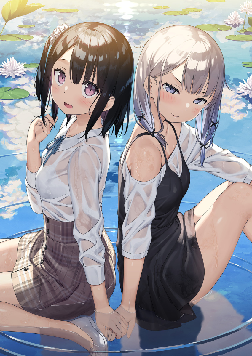 2girls 3: bare_legs black_hair blush bra breasts closed_mouth commentary flower from_side hair_ornament hair_scrunchie high-waist_skirt highres holding_hands ichika_(kantoku) kantoku light_smile lily_pad looking_at_viewer medium_hair multiple_girls off-shoulder_shirt off_shoulder one_side_up open_mouth original partially_submerged plaid plaid_skirt reflection ripples scan scrunchie see-through shirt shizuku_(kantoku) sitting skirt small_breasts underwear violet_eyes wariza water wet wet_clothes white_bra white_hair