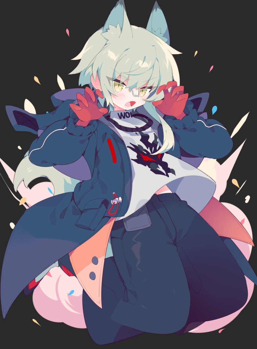 1boy animal_ears aosta_(arknights) arknights claw_pose english_text fang full_body gloves green_eyes grey_hair hand_up highres hood hoodie jacket male_focus open_mouth pants peroppafu red_gloves shirt short_hair solo white_shirt wolf_boy wolf_ears