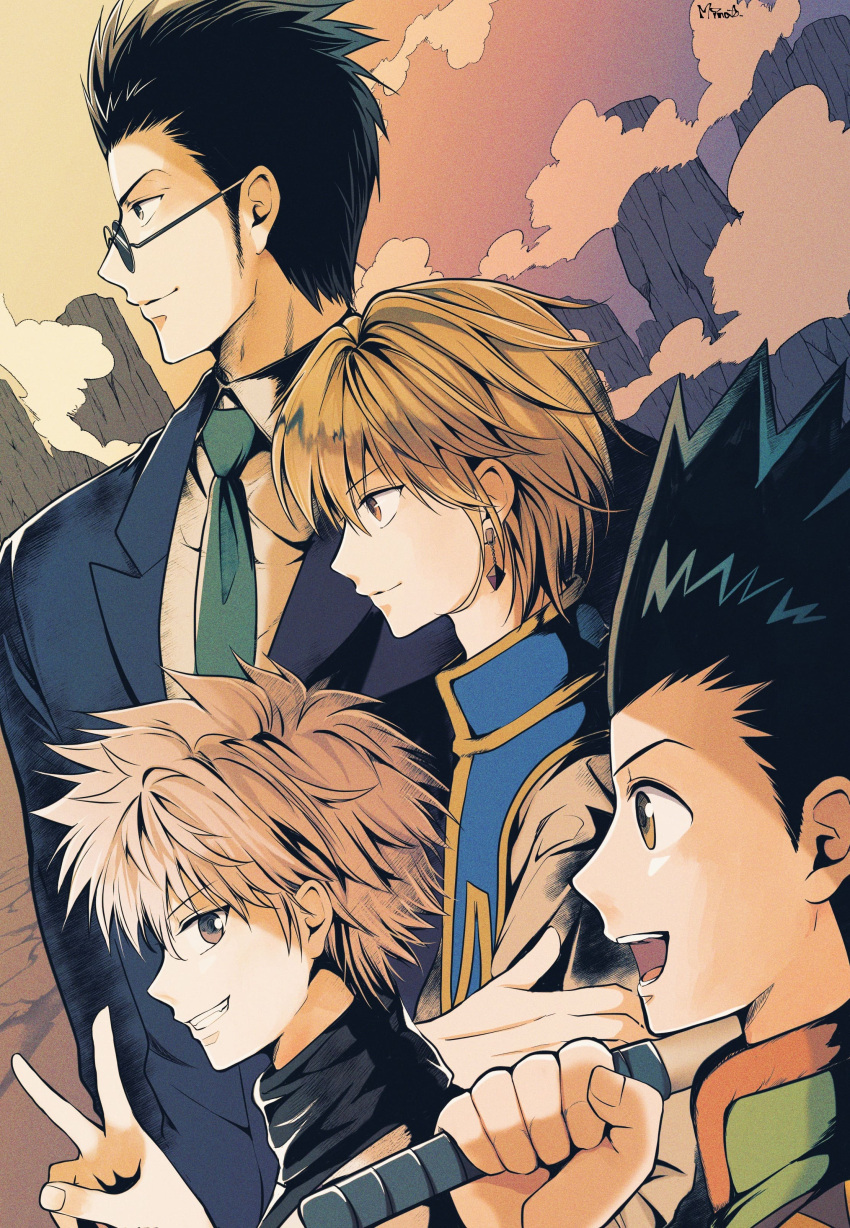 4boys absurdres black_hair blonde_hair blue_eyes from_side gon_freecss highres hunter_x_hunter killua_zoldyck kurapika leorio_paladiknight minato_x3710 multiple_boys short_hair spiky_hair sunglasses white_hair