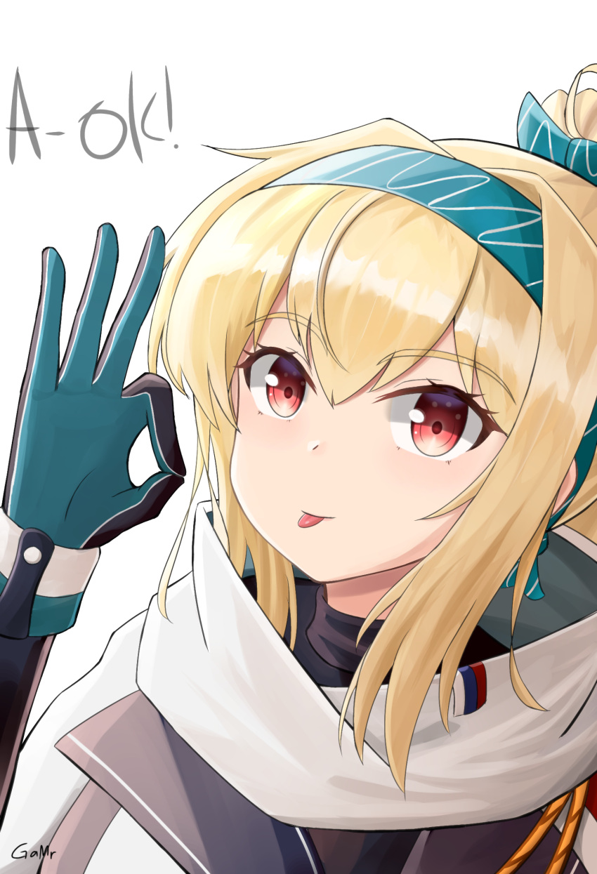 1girl blonde_hair bow eyebrows_visible_through_hair gamryous girls_frontline gloves green_bow green_headwear hair_bow hair_ribbon highres looking_at_viewer multicolored_clothes multicolored_gloves ok_sign red_eyes ribbon russian_flag scarf smile solo sv-98_(girls'_frontline) tongue turtleneck white_scarf