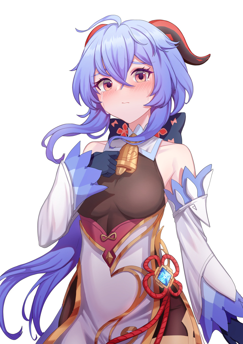 1girl absurdres ahoge bangs bare_shoulders bell blue_gloves blue_hair blush bow breasts chinese_knot crying crying_with_eyes_open detached_sleeves flower_knot furrowed_brow ganyu_(genshin_impact) genshin_impact gloves gyubu hand_on_own_chest highres horns long_hair looking_at_viewer medium_breasts neck_bell red_eyes sidelocks solo tearing_up tears vision_(genshin_impact) white_background white_sleeves