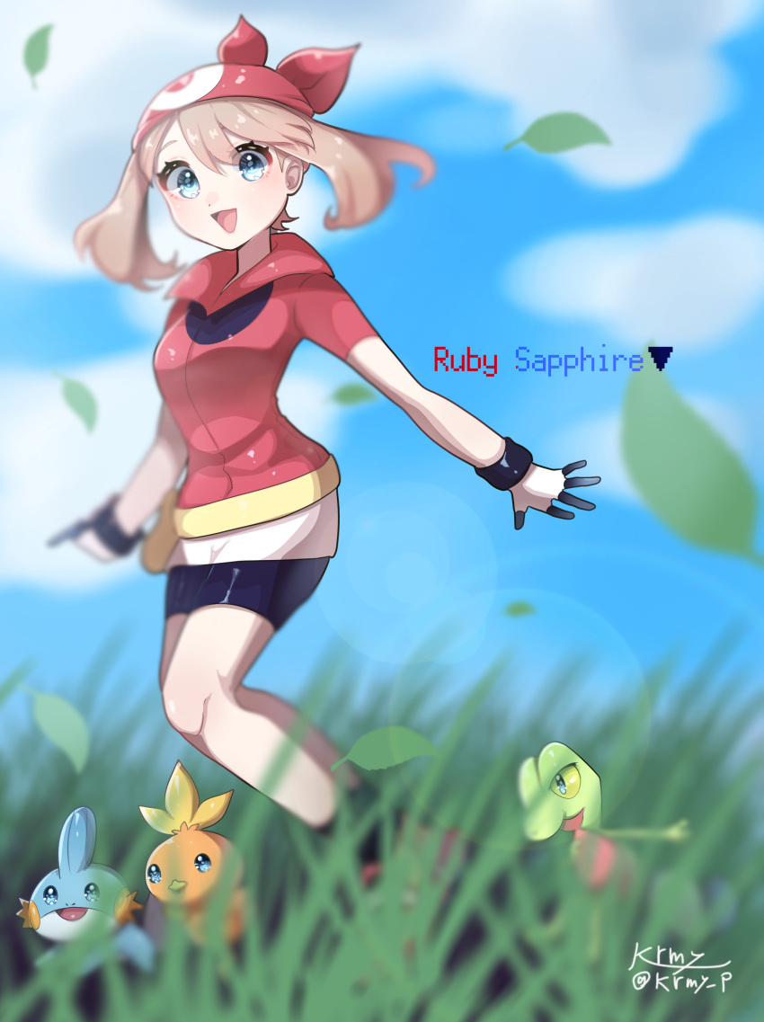 1girl :d absurdres bandana bike_shorts blue_eyes blue_sky brown_hair clouds fanny_pack gloves grass highres kurumiya_(krmy_p) leaf looking_at_viewer may_(pokemon) mudkip pokemon pokemon_(creature) pokemon_(game) pokemon_rse red_bandana red_headwear red_shirt shirt sky smile torchic treecko twitter_username