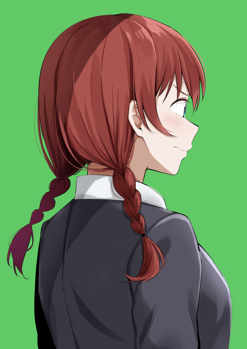 bangs black_jacket blazer blue_eyes braid brown_hair emma_verde freckles green_background highres jacket kitaku_jikan_(ktk_jkn) long_hair long_sleeves love_live! love_live!_nijigasaki_high_school_idol_club low_twintails nijigasaki_academy_school_uniform sakamaki_chizuko school_uniform shirt twin_braids twintails upper_body white_shirt winter_uniform