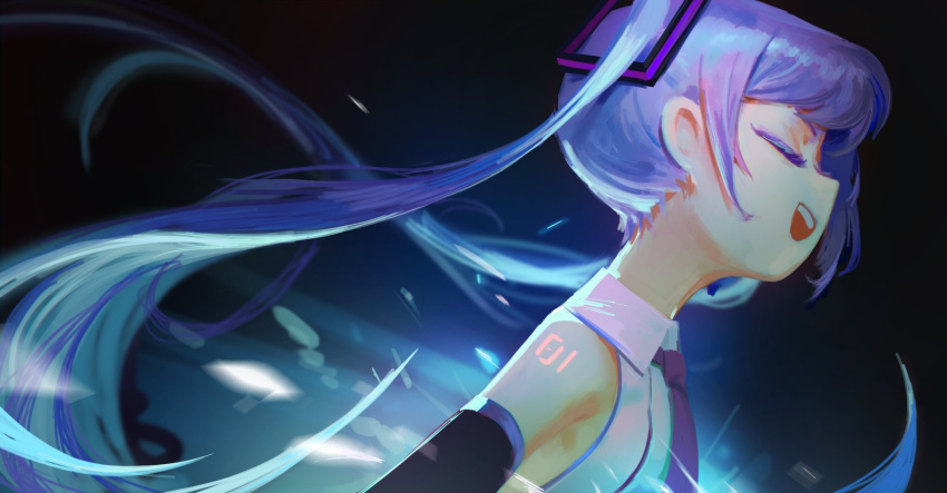 1girl armpit_crease bangs bare_shoulders black_background black_sleeves blue_hair closed_eyes collared_shirt commentary detached_sleeves flipped_hair hair_ornament hatsune_miku highres long_hair necktie neon_trim open_mouth purple_necktie shirt shoulder_tattoo sidelocks sideways_mouth sleeveless sleeveless_shirt smile solo straight_hair tattoo teeth topdylan twintails upper_body upper_teeth vocaloid white_shirt